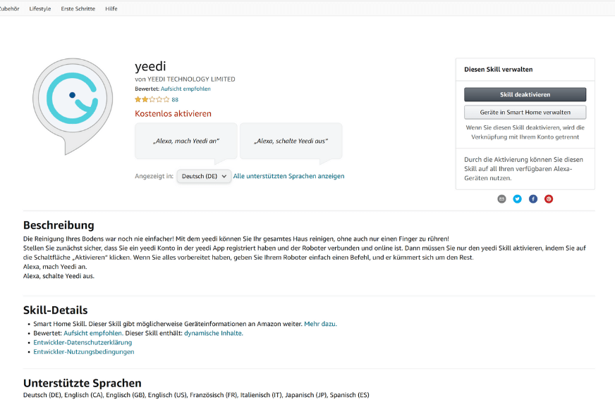 Der Yeedi Sprach Skill von Alexa ist zu sehen. 